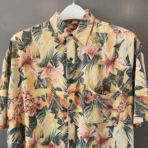 Silk Icon Mens XL Short Sleeve Button Down Shirt Tropical Floral 100% Silk
